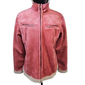 Bit & Bridle Faux Suede Sherpa Fleece Lined Jacket Womens L Coral Full Zip